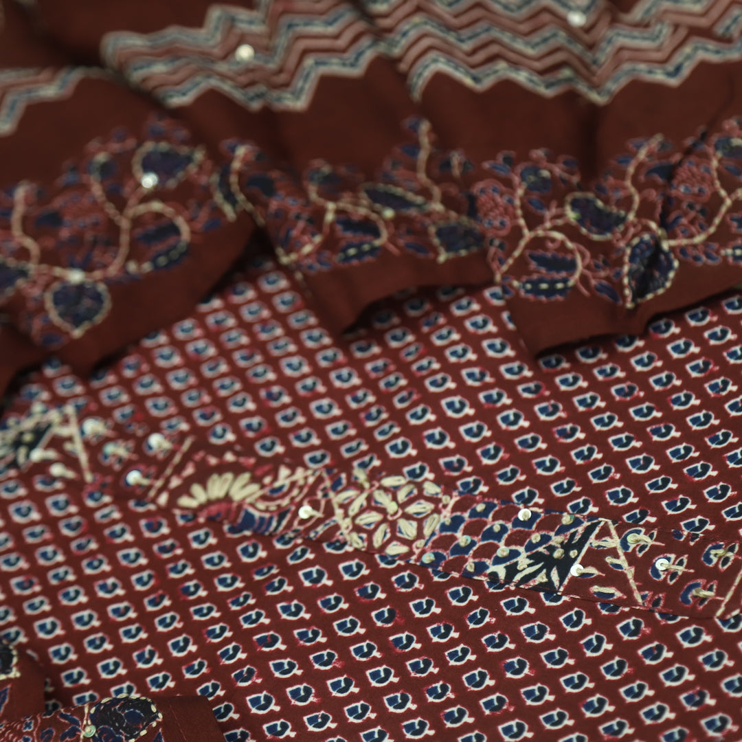 Kashish Marron Red All Over Printed with kantha Detailing Cotton Suit Set