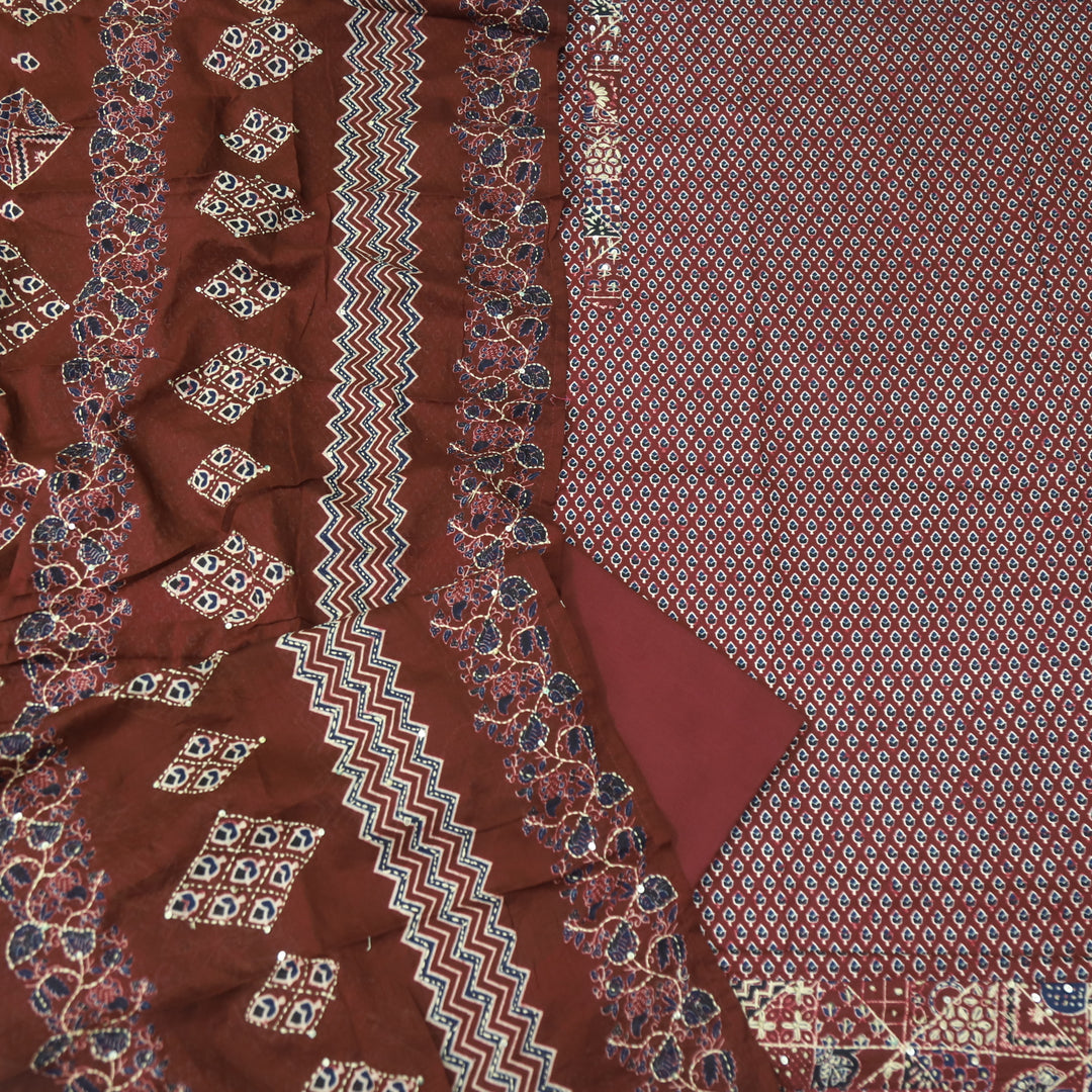 Kashish Marron Red All Over Printed with kantha Detailing Cotton Suit Set