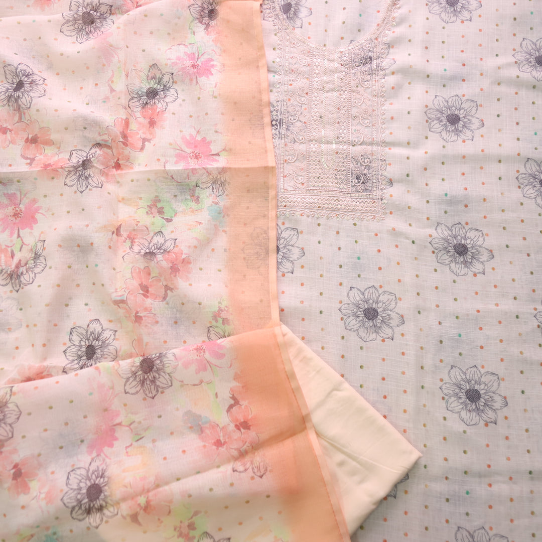 Noor Light Peach Thread Embriodered Floral Printed Cotton Linen Suit Set