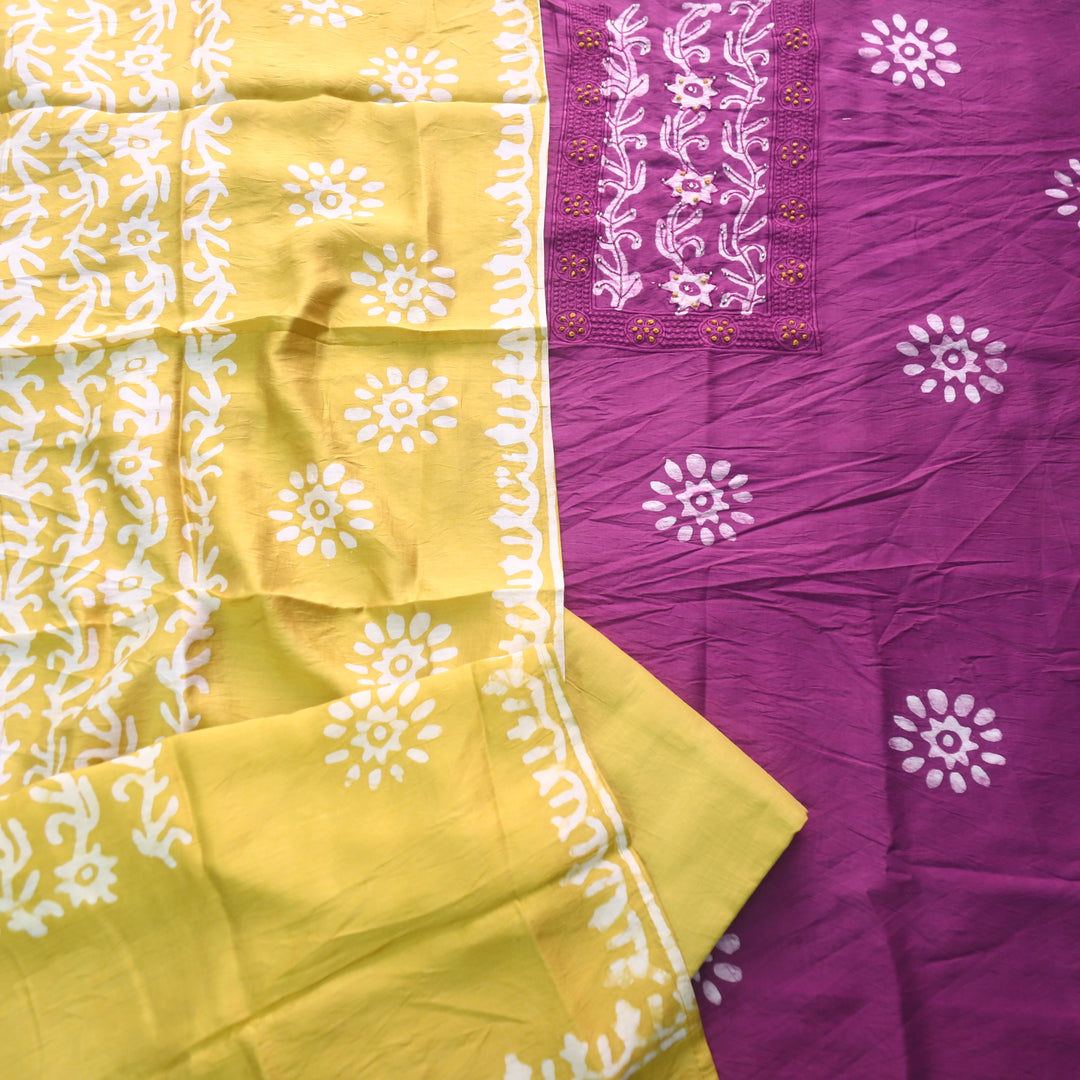 Gulshan Orchid Purple with Yellow French Knot Batik Print Chanderi Suit Set