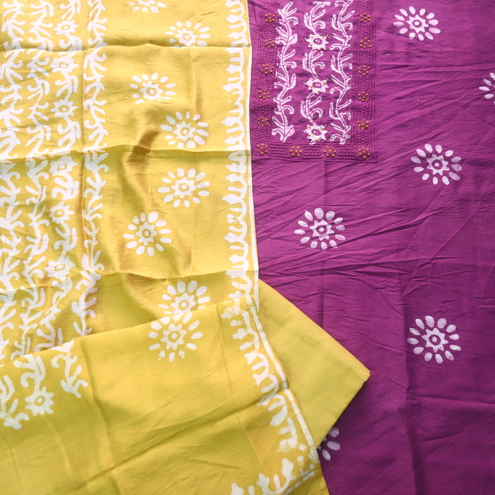 Gulshan Orchid Purple with Yellow French Knot Batik Print Chanderi Suit Set