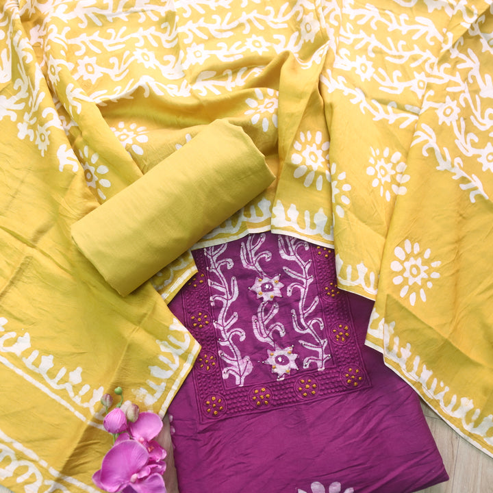 Gulshan Orchid Purple with Yellow French Knot Batik Print Chanderi Suit Set