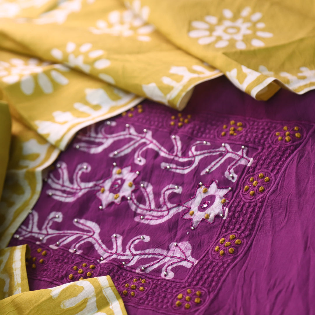 Gulshan Orchid Purple with Yellow French Knot Batik Print Chanderi Suit Set