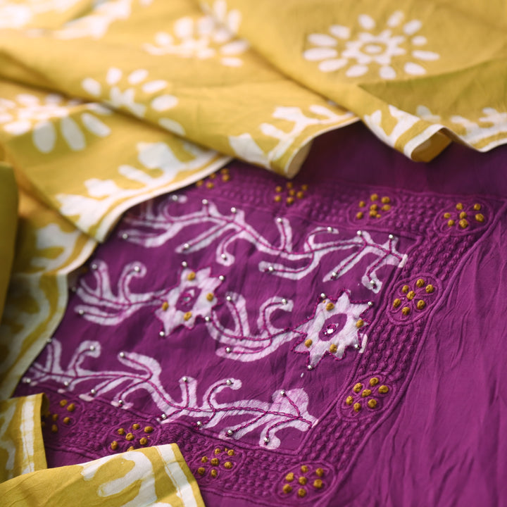 Gulshan Orchid Purple with Yellow French Knot Batik Print Chanderi Suit Set