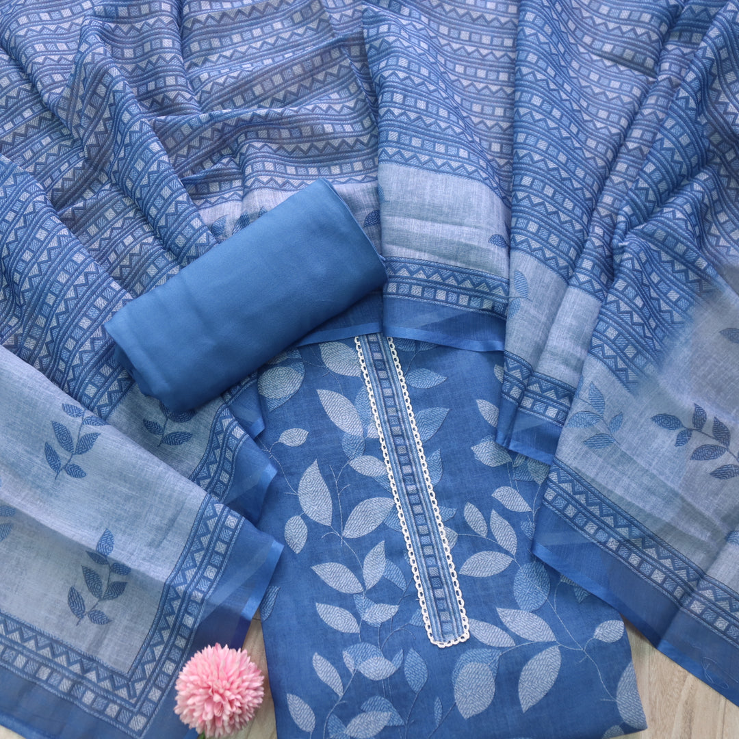 Shiddat Indigo Blue Digital Floral Printed Cotton Linen Suit Set
