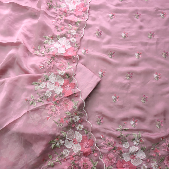 Alhada Mauve Pink Thread Work Embroidered Organza Tissue Suit Set