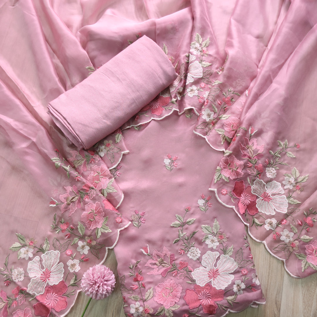 Alhada Mauve Pink Thread Work Embroidered Organza Tissue Suit Set