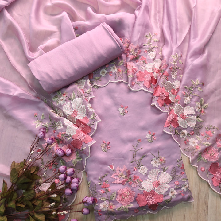 Alhada Viloet Purple Thread Work Embroidered Organza Tissue Suit Set