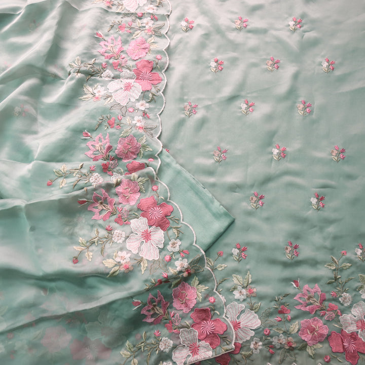 Alhada Teal Green Thread Work Embroidered Organza Tissue Suit Set
