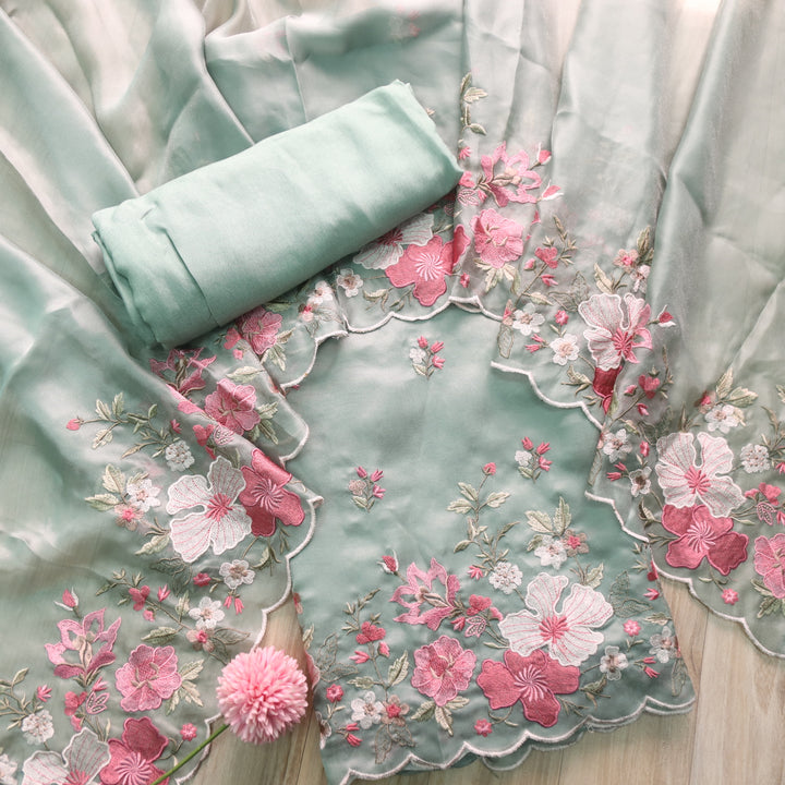 Alhada Teal Green Thread Work Embroidered Organza Tissue Suit Set