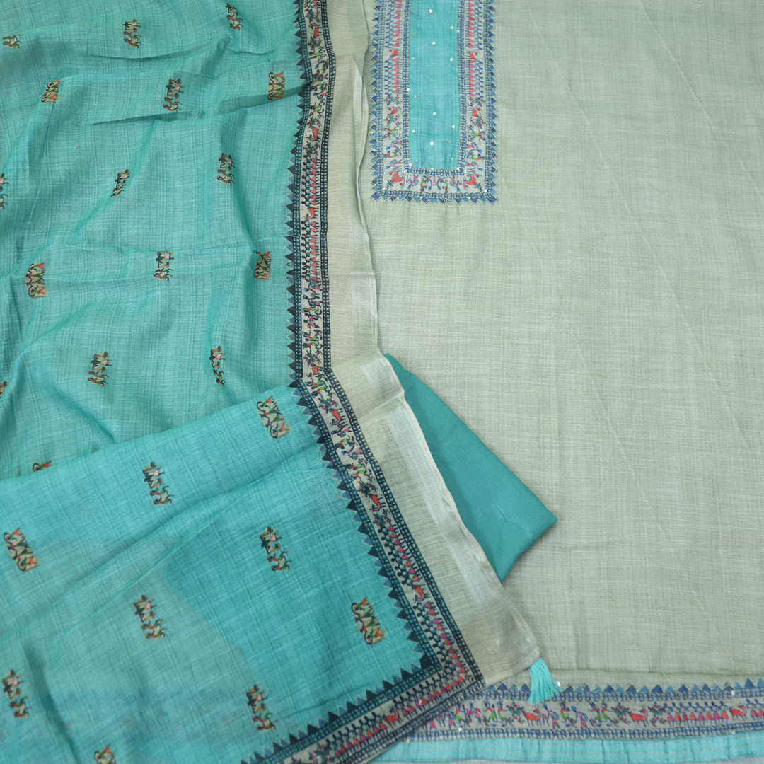 Fanaa Beige with Teal Blue Thread Work Printed Cotton Linen Suit Set