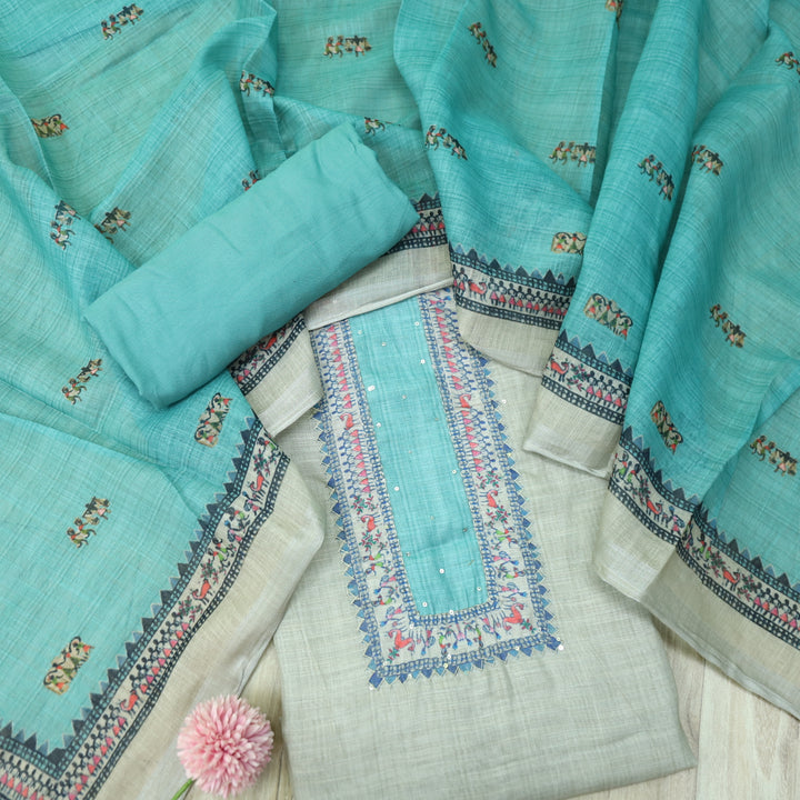 Fanaa Beige with Teal Blue Thread Work Printed Cotton Linen Suit Set