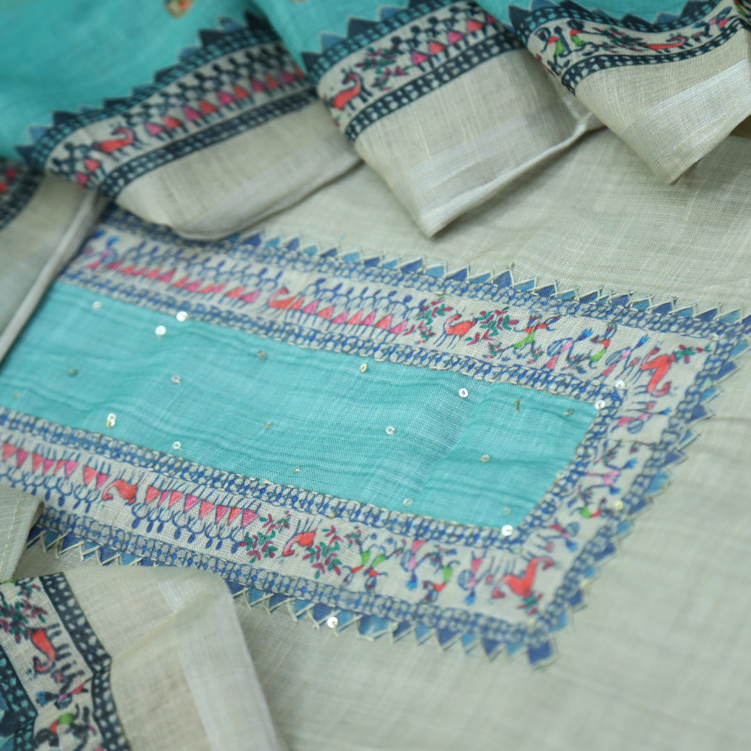 Fanaa Beige with Teal Blue Thread Work Printed Cotton Linen Suit Set