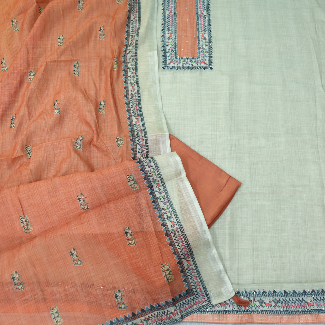 Fanaa Beige with Peach Thread Work Printed Cotton Linen Suit Set