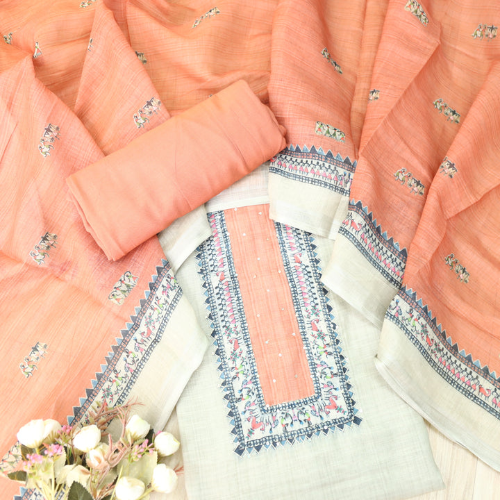Fanaa Beige with Peach Thread Work Printed Cotton Linen Suit Set