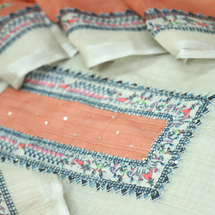 Fanaa Beige with Peach Thread Work Printed Cotton Linen Suit Set
