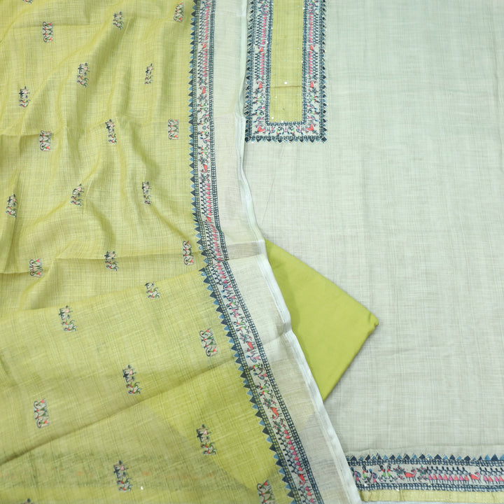 Fanaa Beige with Mint Green Thread Work Printed Cotton Linen Suit Set