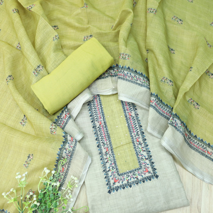 Fanaa Beige with Mint Green Thread Work Printed Cotton Linen Suit Set