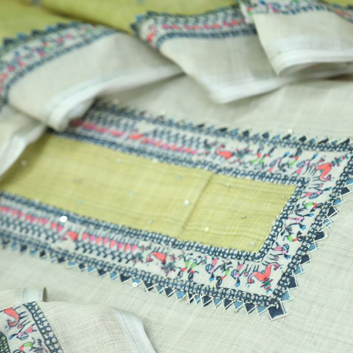 Fanaa Beige with Mint Green Thread Work Printed Cotton Linen Suit Set