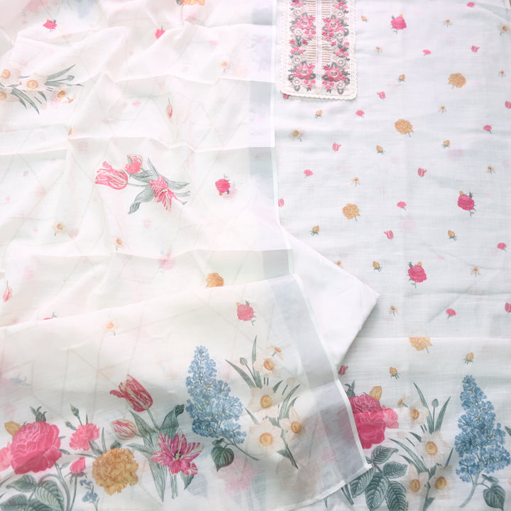 Nazrana White Thread Embroidery Patch Work Floral Print Cotton linen suit Set
