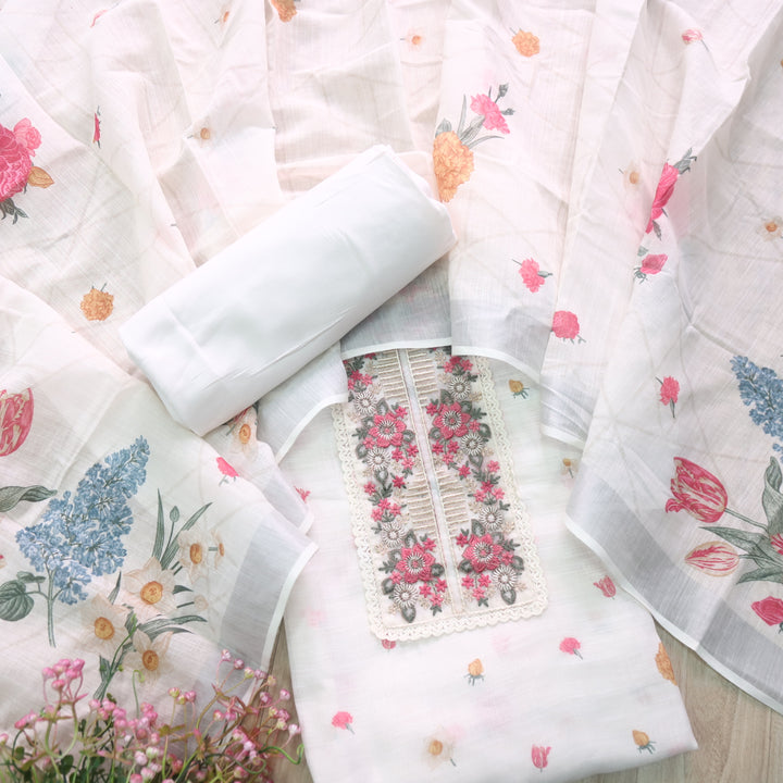 Nazrana White Thread Embroidery Patch Work Floral Print Cotton linen suit Set