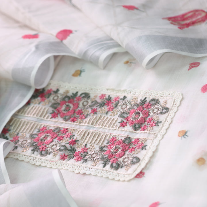 Nazrana White Thread Embroidery Patch Work Floral Print Cotton linen suit Set