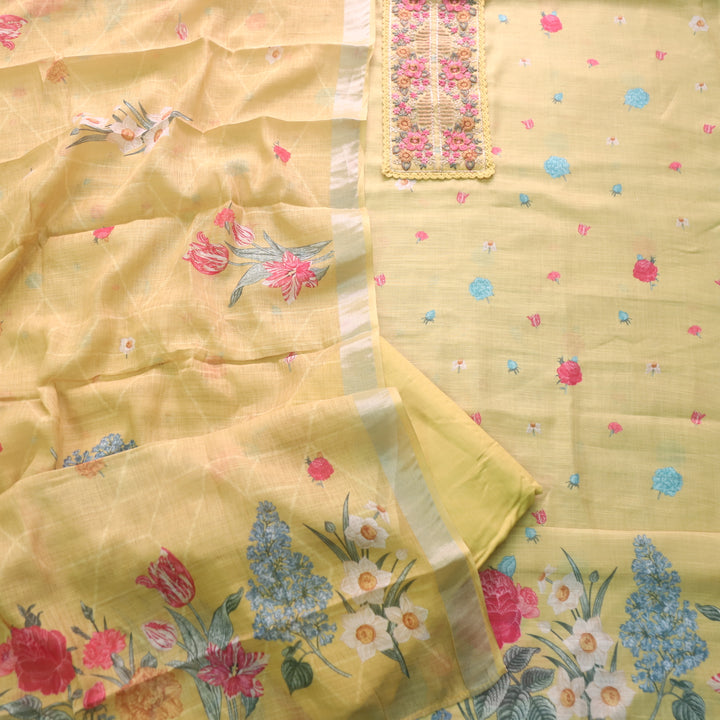 Nazrana Yellow Thread Embroidery Patch Work Floral Print Cotton linen suit Set