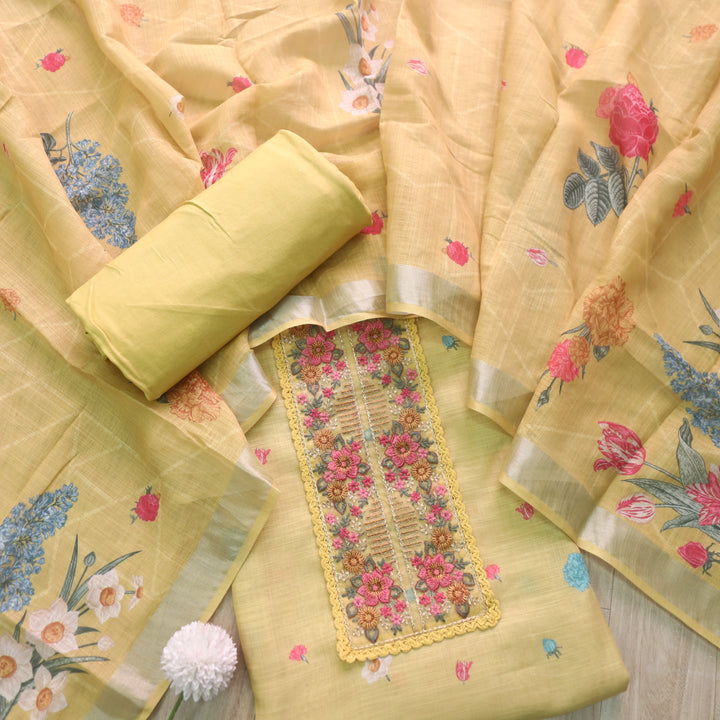 Nazrana Yellow Thread Embroidery Patch Work Floral Print Cotton linen suit Set