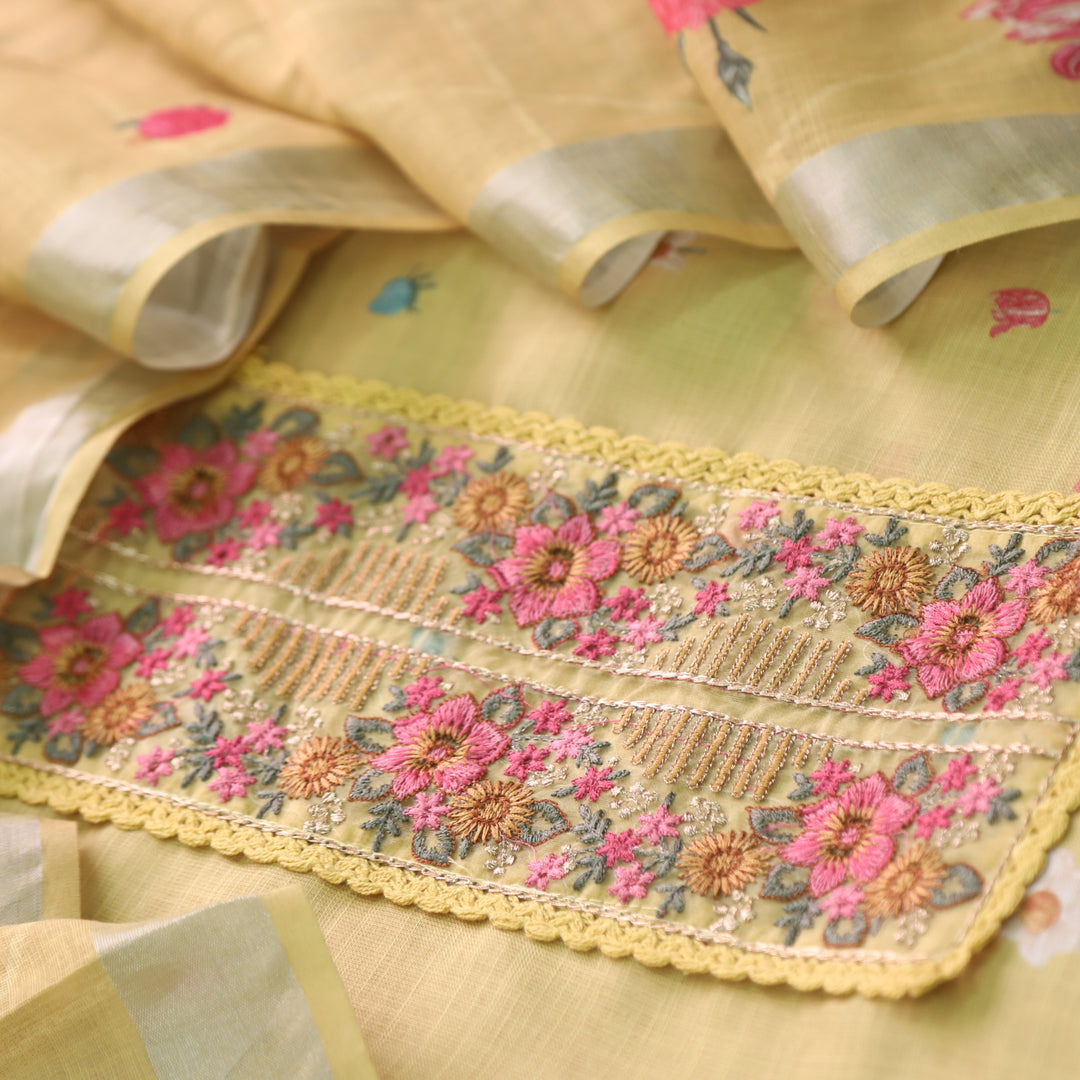 Nazrana Yellow Thread Embroidery Patch Work Floral Print Cotton linen suit Set
