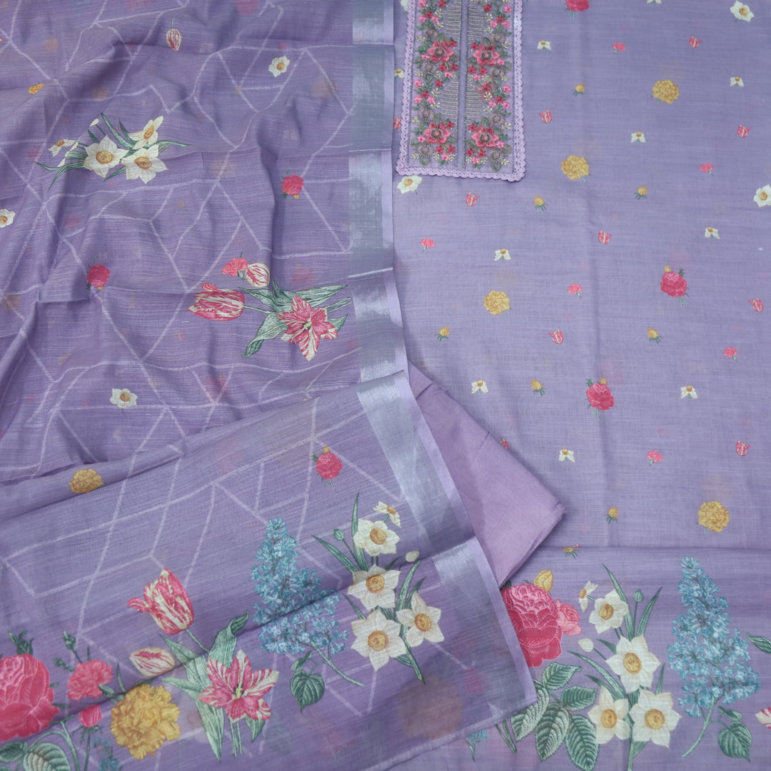 Nazrana Lavender Thread Embroidery Patch Work Floral Print Cotton linen suit Set