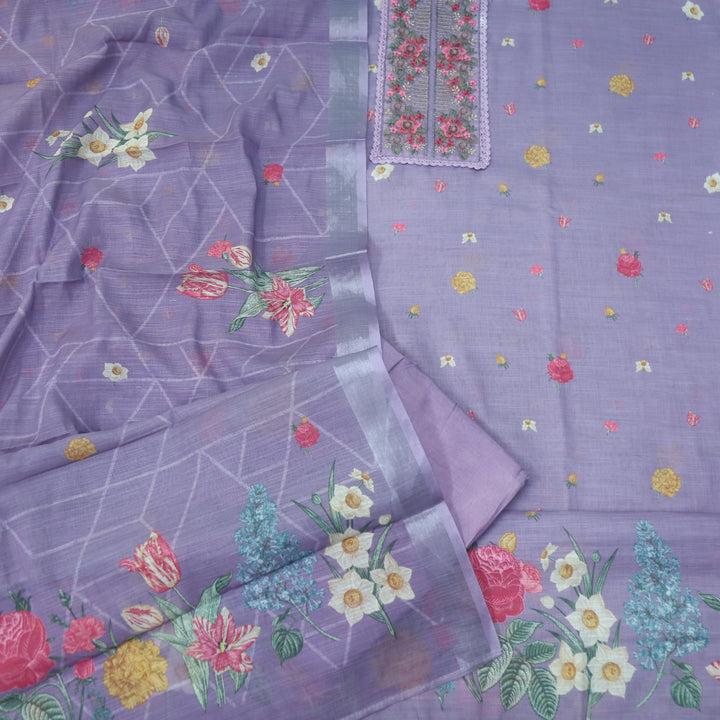 Nazrana Lavender Thread Embroidery Patch Work Floral Print Cotton linen suit Set