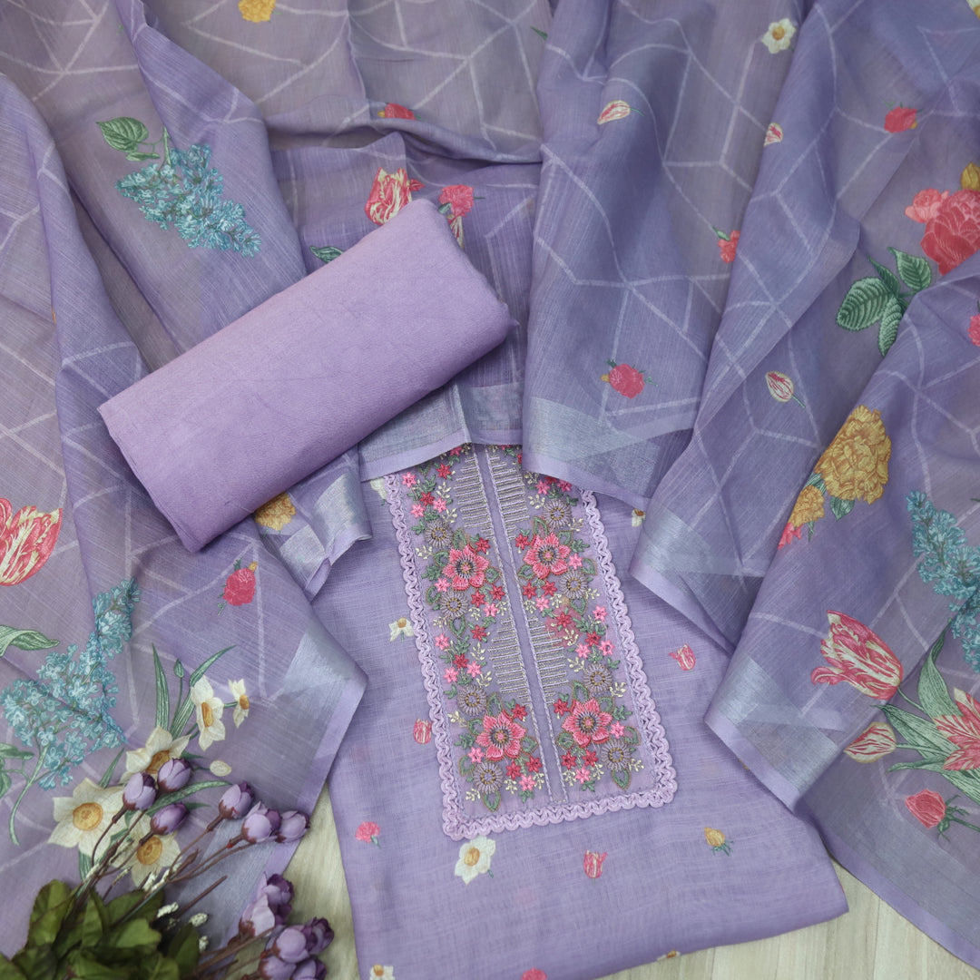 Nazrana Lavender Thread Embroidery Patch Work Floral Print Cotton linen suit Set