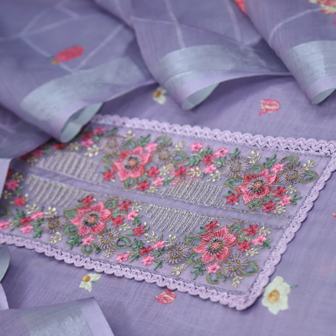 Nazrana Lavender Thread Embroidery Patch Work Floral Print Cotton linen suit Set