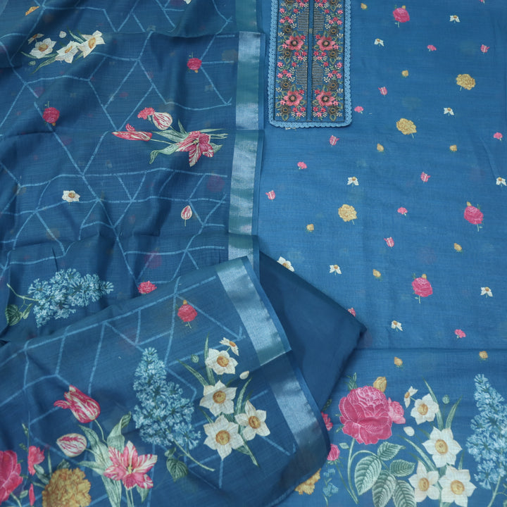 Nazrana Blue Thread Embroidery Patch Work Floral Print Cotton linen suit Set