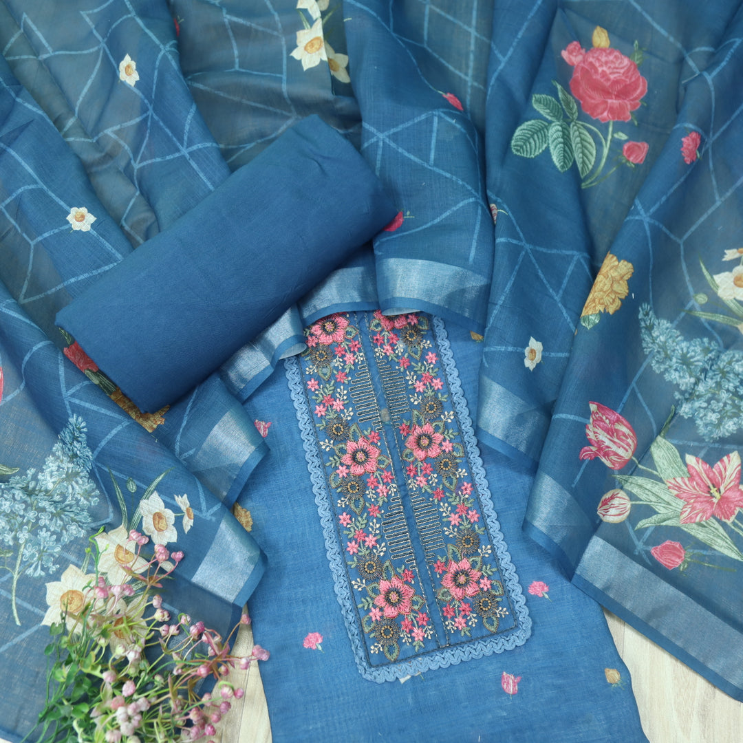 Nazrana Blue Thread Embroidery Patch Work Floral Print Cotton linen suit Set