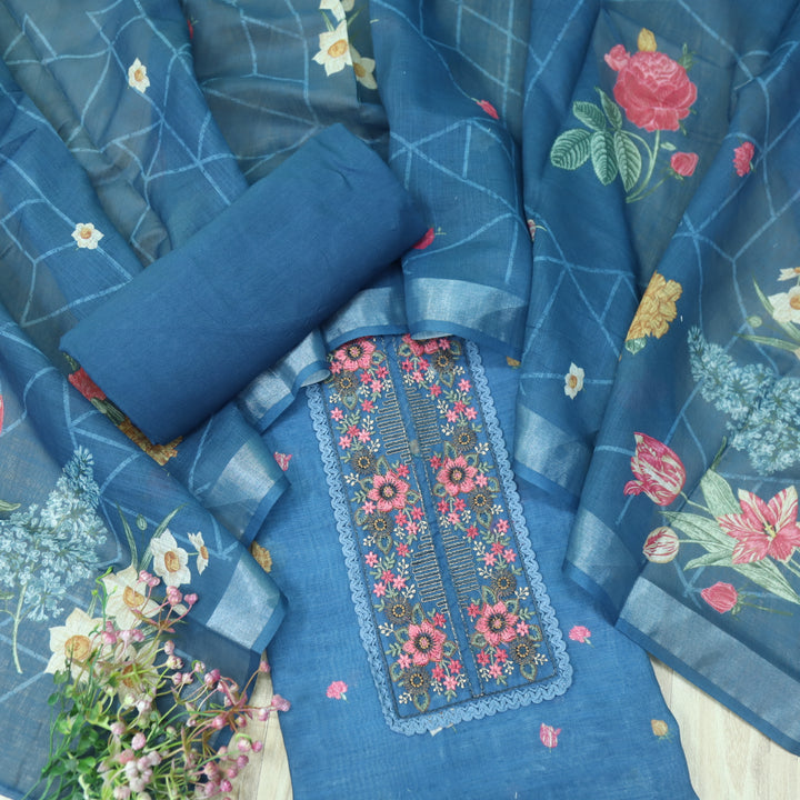 Nazrana Blue Thread Embroidery Patch Work Floral Print Cotton linen suit Set