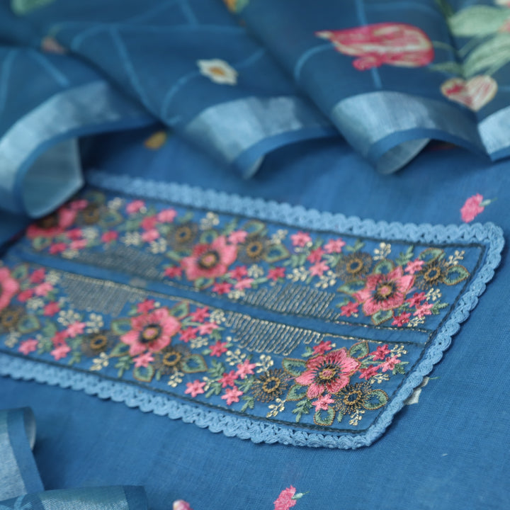 Nazrana Blue Thread Embroidery Patch Work Floral Print Cotton linen suit Set