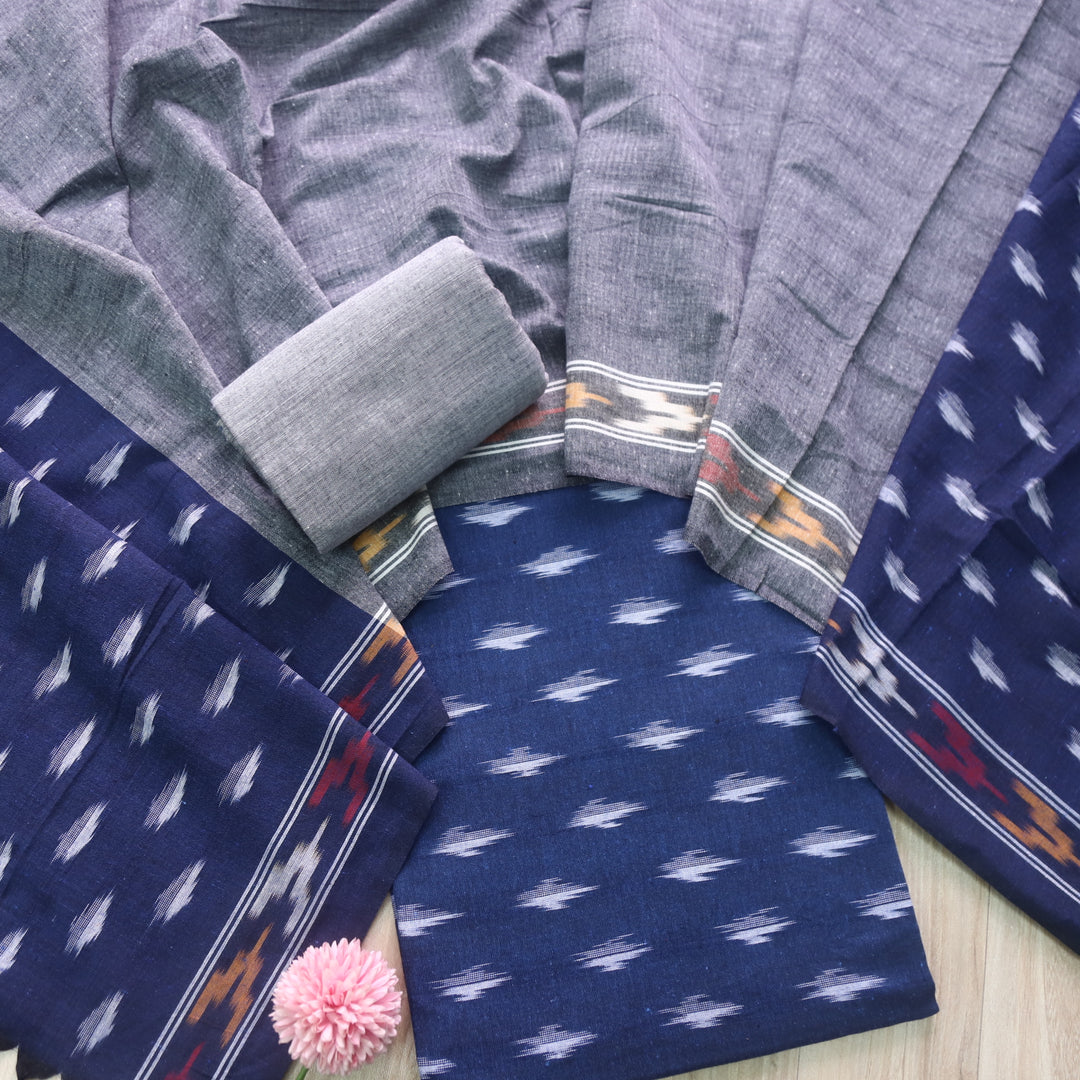 Sanskruti Denim Blue Ikkat Printed South Cotton Suit Set