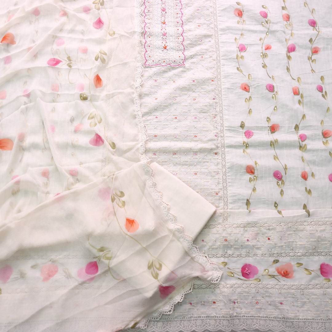 Sahiba Creamy Beige Moti with Kardana work Lace Neck Cotton Suit Set