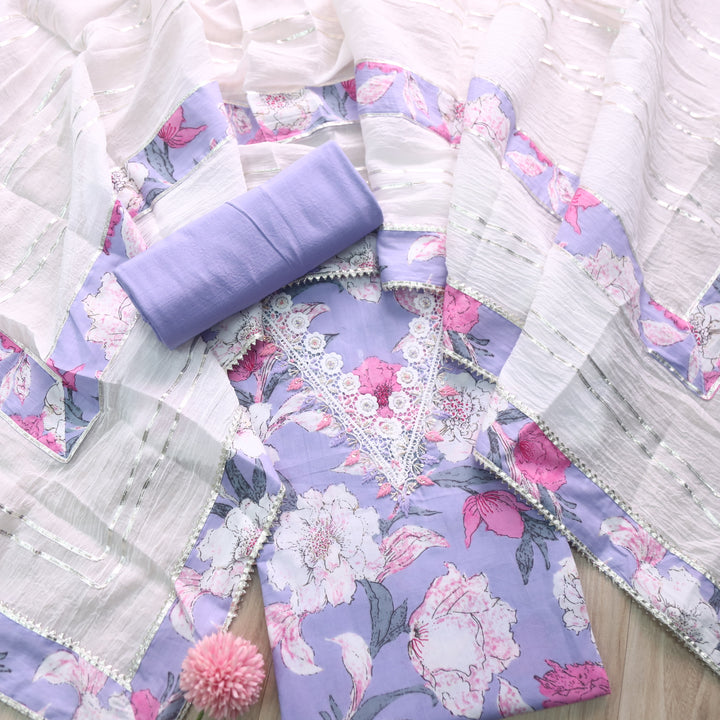 Bandegi Lilac Embellished V Neck with Lace Work Printed Cotton Suit Set