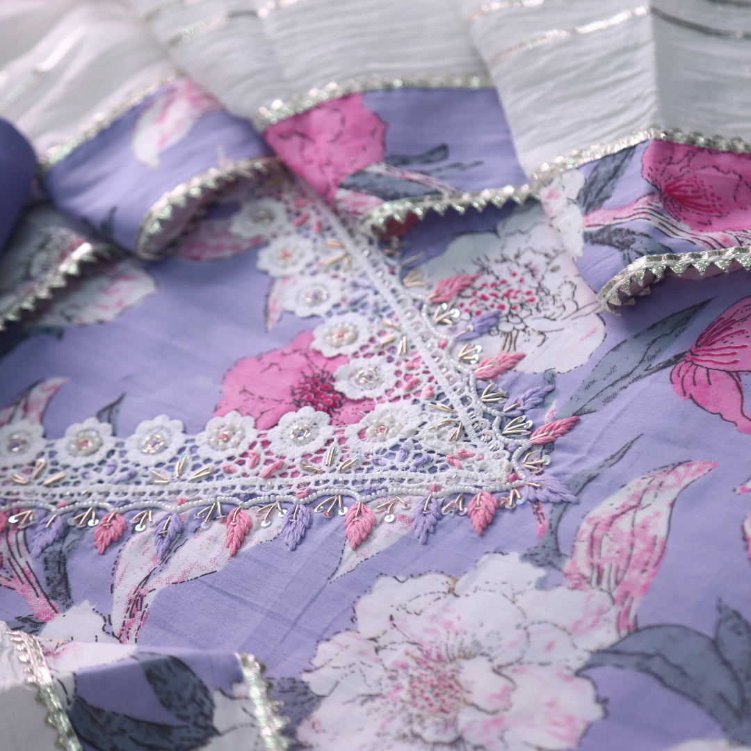 Bandegi Lilac Embellished V Neck with Lace Work Printed Cotton Suit Set