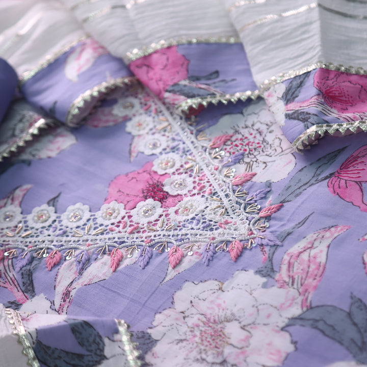 Bandegi Lilac Embellished V Neck with Lace Work Printed Cotton Suit Set