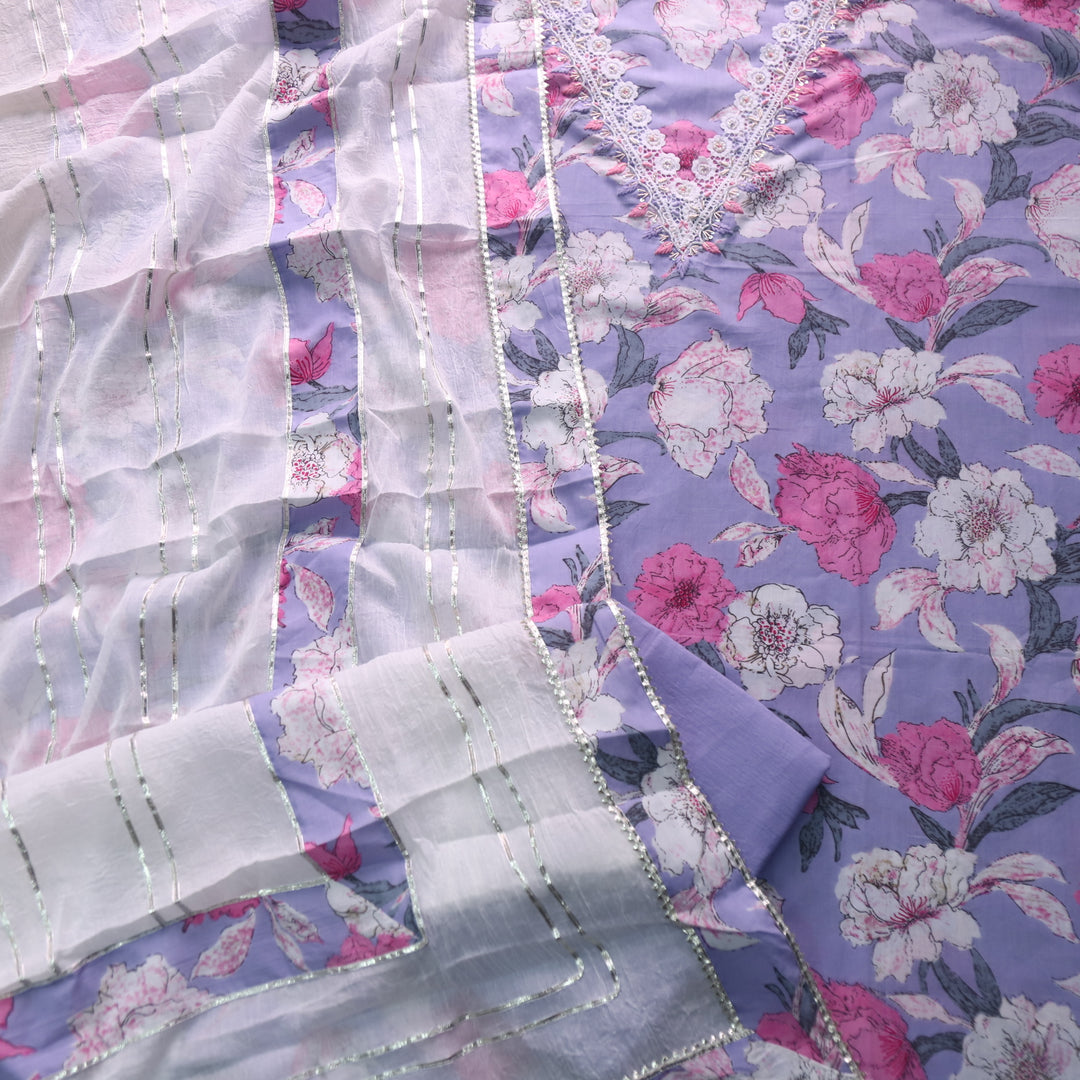 Bandegi Lilac Embellished V Neck with Lace Work Printed Cotton Suit Set