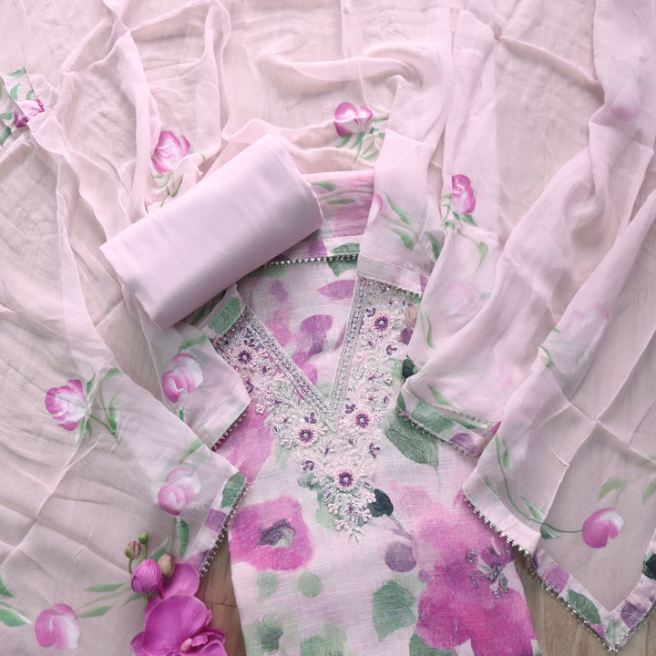Shiddat White with Lilac Floral Printed Embellished Neck Cotton Linen Suit Set