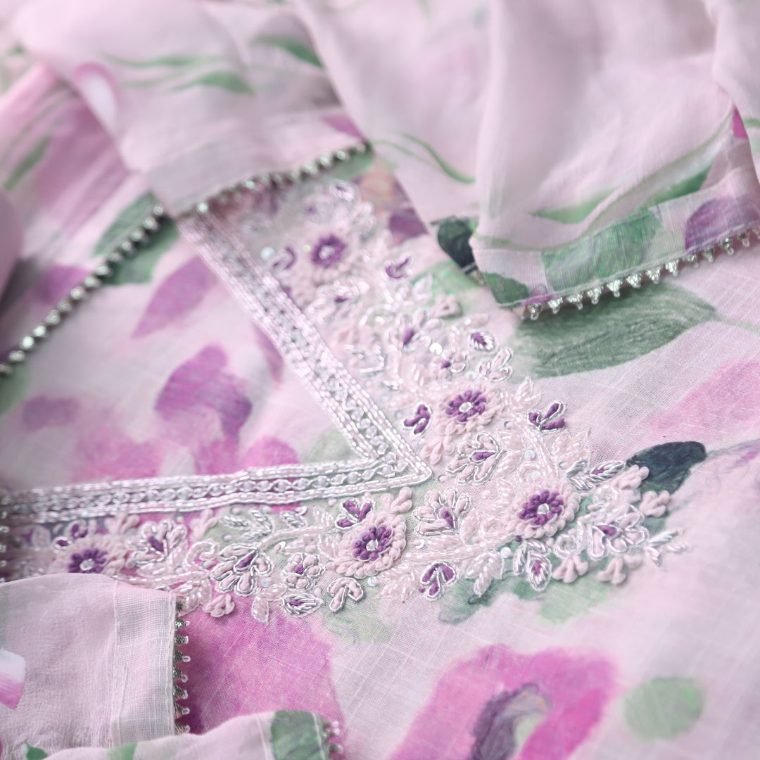 Shiddat White with Lilac Floral Printed Embellished Neck Cotton Linen Suit Set
