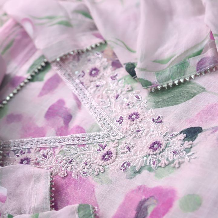 Shiddat White with Lilac Floral Printed Embellished Neck Cotton Linen Suit Set