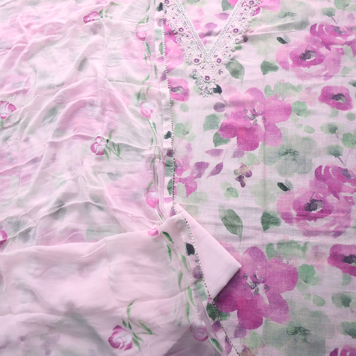 Shiddat White with Lilac Floral Printed Embellished Neck Cotton Linen Suit Set