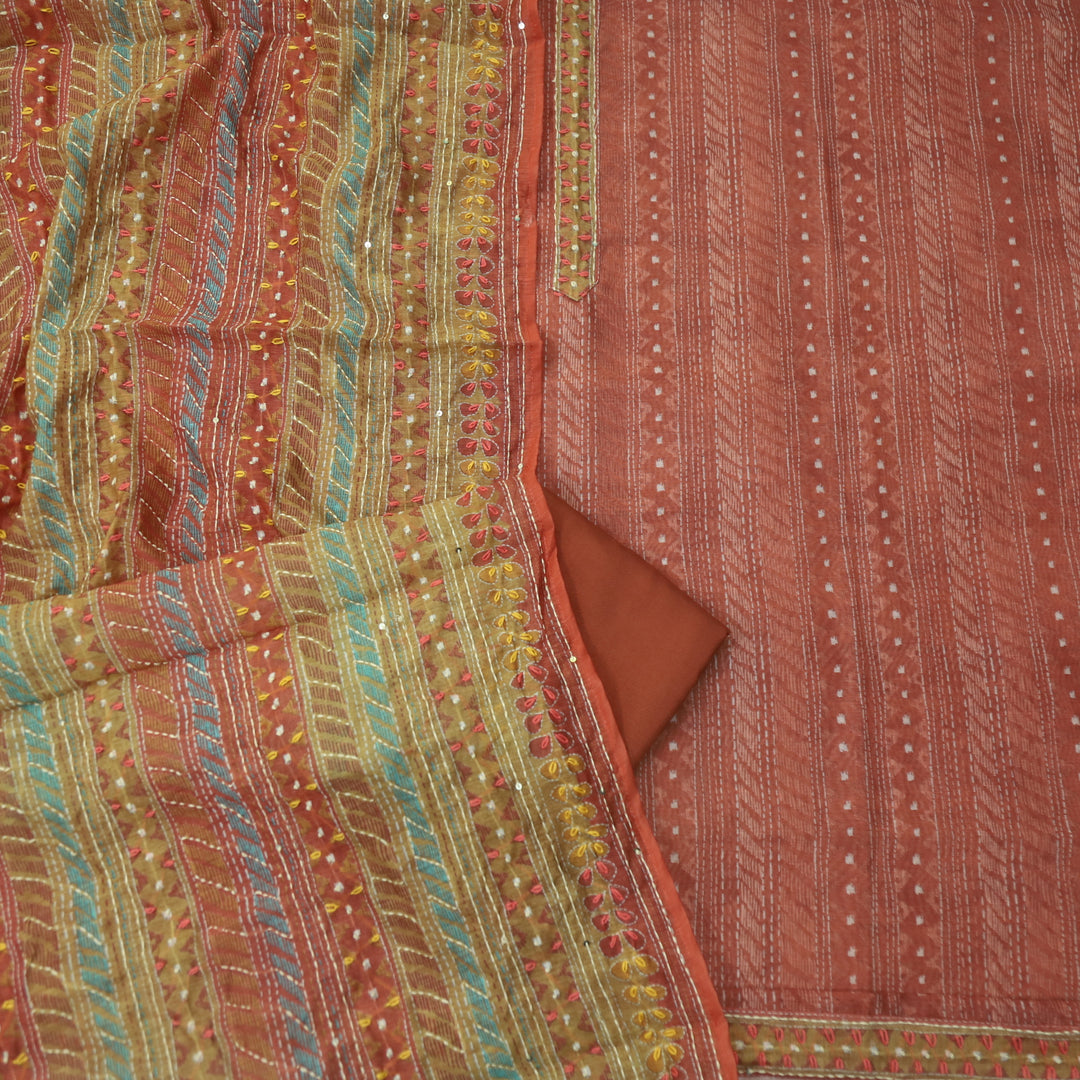 Riwahyaat Barn Red Digital Printed Kantha Work Chanderi Suit Set