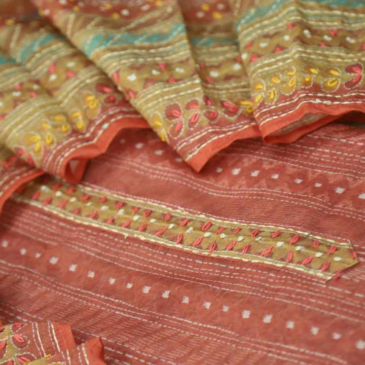 Riwahyaat Barn Red Digital Printed Kantha Work Chanderi Suit Set