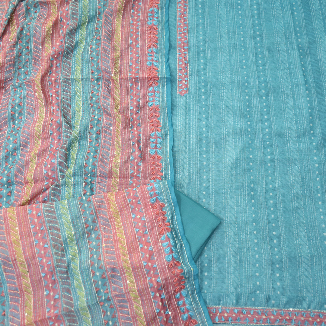 Riwahyaat Sapphire Blue Digital Printed Kantha Work Chanderi Suit Set